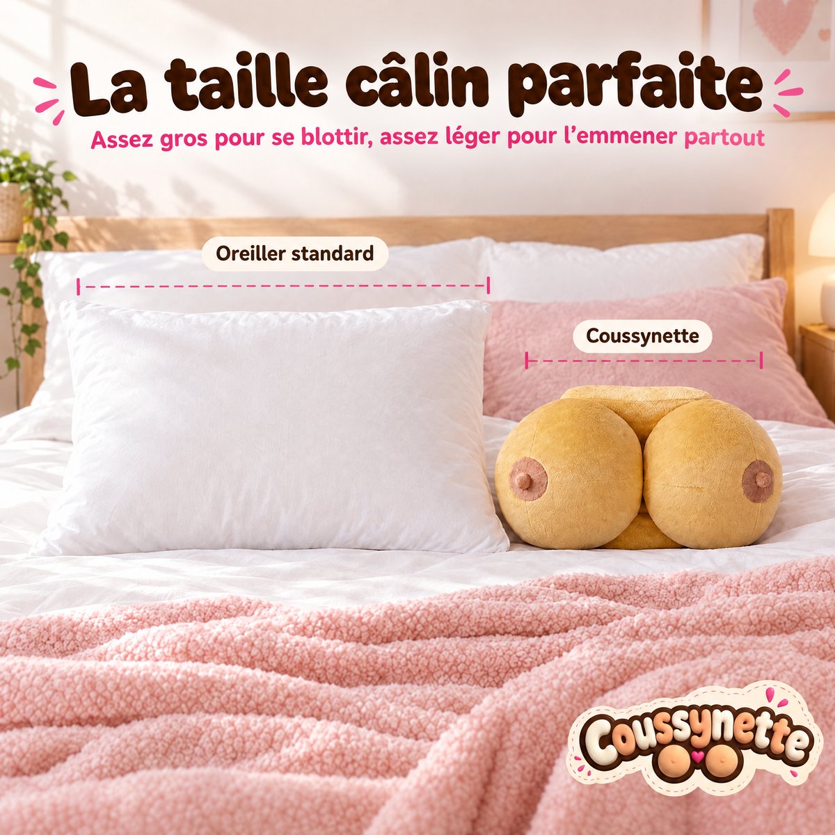 La taille du coussin Coussynette comparée à un oreiller